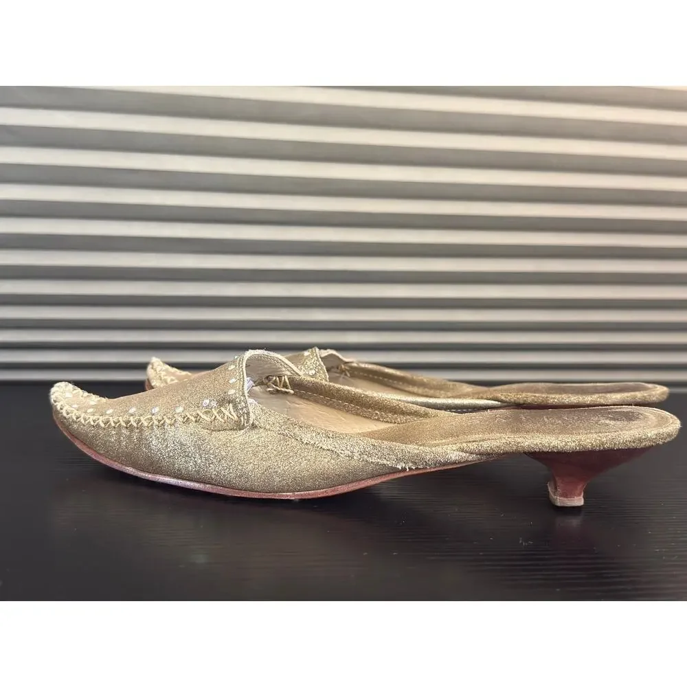 Oliver Addie Khaki Metallic Gold Leather Kitten Heel Mules Size 8 Pointed Toe